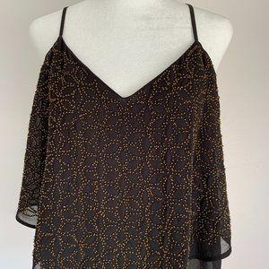 Romantic Bebe Black Top with Golden Floral Embroidery - Size Large